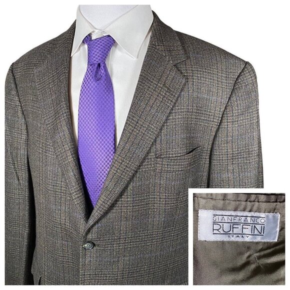 Gianfranco Ruffini Sport Coat 48R 100% Lambswool Glen Plaid Woven Blazer Italy